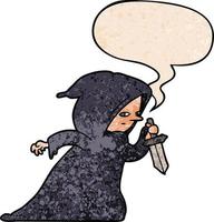 cartoon assassin in dark robe and speech bubble in retro texture style vector