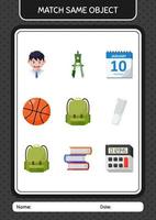 Match with same object game backpack. worksheet for preschool kids, kids activity sheet vector