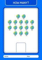 How many counting game with globe. worksheet for preschool kids, kids activity sheet vector