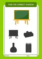 Find the correct shadows game with chalkboard. worksheet for preschool kids, kids activity sheet vector