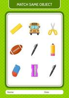 Match with same object game pen. worksheet for preschool kids, kids activity sheet vector