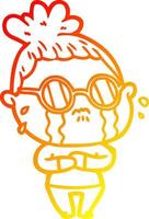 warm gradient line drawing cartoon crying woman wearing spectacles vector