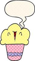 cartoon cupcake and face and speech bubble in comic book style vector