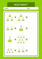 How many counting game with chemical bottle. worksheet for preschool kids, kids activity sheet vector