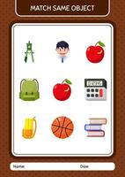 emparejar con el mismo objeto del juego apple. hoja de trabajo para niños en edad preescolar, hoja de actividades para niños vector