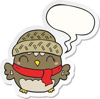 cute cartoon owl in hat and speech bubble sticker vector