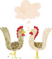 cartoon chickens and thought bubble in retro textured style vector