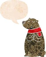 oso de dibujos animados con bufanda y burbuja de habla en estilo retro texturizado vector