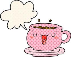 cute cartoon cup and saucer and speech bubble in comic book style vector