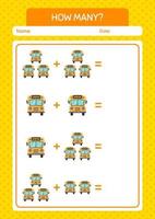 How many counting game with school bus. worksheet for preschool kids, kids activity sheet vector