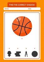 encuentra el juego de sombras correcto con baloncesto. hoja de trabajo para niños en edad preescolar, hoja de actividades para niños vector