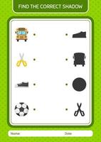 Find the correct shadows game with summer icon. worksheet for preschool kids, kids activity sheet vector