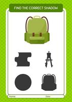 Find the correct shadows game with backpack. worksheet for preschool kids, kids activity sheet vector