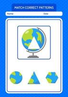 Match pattern game with globe. worksheet for preschool kids, kids activity sheet vector