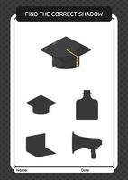 Find the correct shadows game with graduation cap. worksheet for preschool kids, kids activity sheet vector