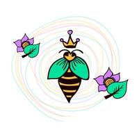 Bee queen, flowers and leaves. Colorful composition vector