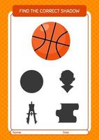 Find the correct shadows game with basketball. worksheet for preschool kids, kids activity sheet vector