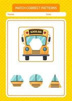 Match pattern game with school bus. worksheet for preschool kids, kids activity sheet vector