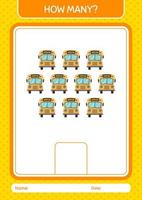 How many counting game with school bus. worksheet for preschool kids, kids activity sheet vector