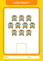 How many counting game with school bus. worksheet for preschool kids, kids activity sheet vector