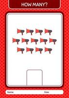 How many counting game with horn loudspeakers. worksheet for preschool kids, kids activity sheet vector
