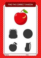 Find the correct shadows game with apple. worksheet for preschool kids, kids activity sheet vector