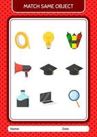 Match with same object game graduation cap. worksheet for preschool kids, kids activity sheet vector