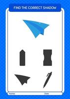 Find the correct shadows game with paper plane. worksheet for preschool kids, kids activity sheet vector