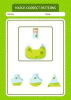 Match pattern game with chemical bottle. worksheet for preschool kids, kids activity sheet vector