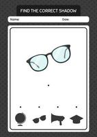 Find the correct shadows game with glasses. worksheet for preschool kids, kids activity sheet vector