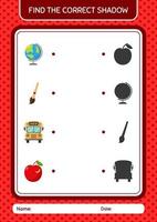 Find the correct shadows game with summer icon. worksheet for preschool kids, kids activity sheet vector