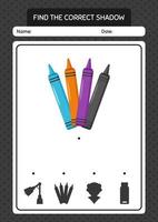 Find the correct shadows game with crayons. worksheet for preschool kids, kids activity sheet vector