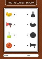 Find the correct shadows game with summer icon. worksheet for preschool kids, kids activity sheet vector