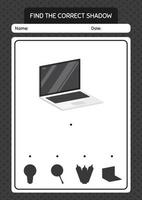 Find the correct shadows game with laptop. worksheet for preschool kids, kids activity sheet vector