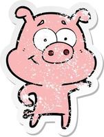distressed sticker of a cartoon pig pointing vector