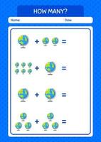 How many counting game with globe. worksheet for preschool kids, kids activity sheet vector