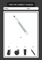 Find the correct shadows game with whiteboard marker. worksheet for preschool kids, kids activity sheet vector