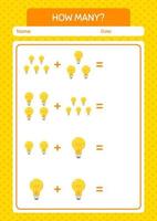 How many counting game with light bulb. worksheet for preschool kids, kids activity sheet vector