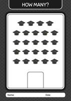 How many counting game with graduation cap. worksheet for preschool kids, kids activity sheet vector