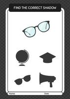 Find the correct shadows game with glasses. worksheet for preschool kids, kids activity sheet vector