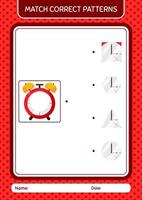 Match pattern game with waker clock. worksheet for preschool kids, kids activity sheet vector