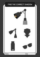 Find the correct shadows game with desk lamp. worksheet for preschool kids, kids activity sheet vector