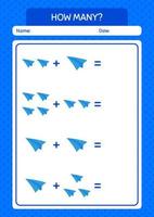 How many counting game with paper plane. worksheet for preschool kids, kids activity sheet vector