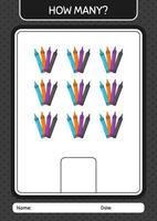 How many counting game with crayons. worksheet for preschool kids, kids activity sheet vector