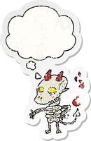 cartoon spooky demon and thought bubble as a distressed worn sticker vector