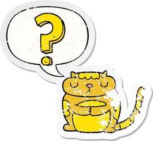 cartoon cat and question mark and speech bubble distressed sticker vector