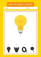 Find the correct shadows game with light bulb. worksheet for preschool kids, kids activity sheet vector