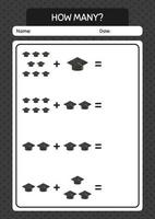 How many counting game with graduation cap. worksheet for preschool kids, kids activity sheet vector