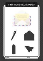 Find the correct shadows game with paper mail. worksheet for preschool kids, kids activity sheet vector