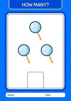 How many counting game with magnifying glass. worksheet for preschool kids, kids activity sheet vector